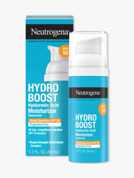 Neutrogena Hydro Boost Hyaluronic Acid Moisturizer SPF 50 turquoise bottle and box on light gray background